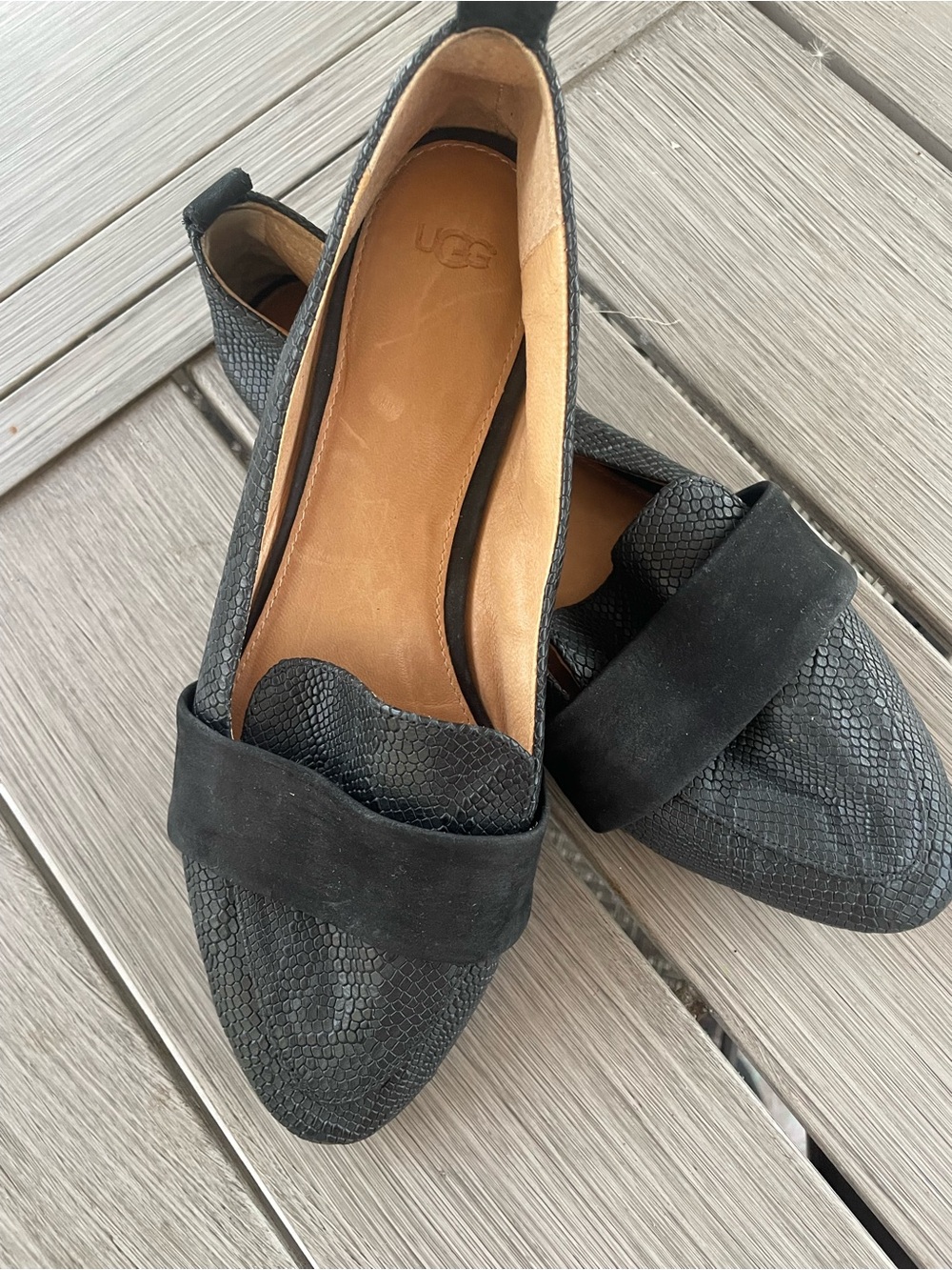 UGG Black Textured Pointed Toe Loafers with Suede Strap